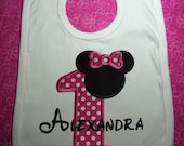 First Birthday Personalized Minnie Mouse Bib for Girls in Hot Pink Polka Dots. Shirt is also available