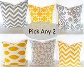 PILLOWS SET of 2 PICK 2 - 20x20 Decorative Throw Pillows Grey Yellow 20 x 20 Chevron Throw Pillow Covers Fabric front & back