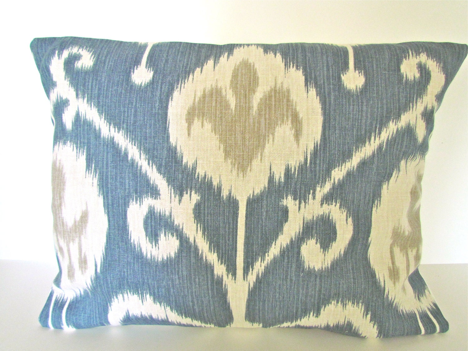 IKAT PILLOW 16x20 or 12x20 Decorative Throw Pillows Denim BLUE Lumbar Modern Tan gray Pillow Covers