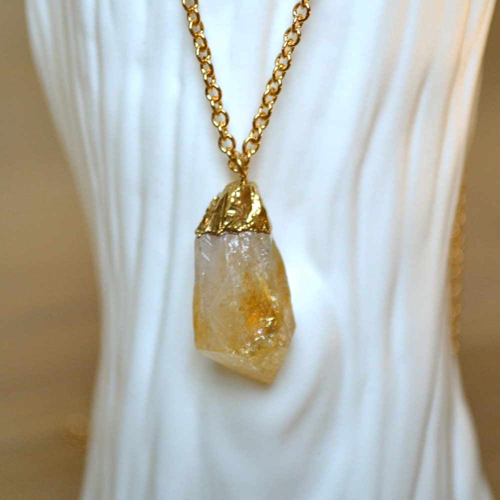Long Gold Necklace With Citrine Pendant