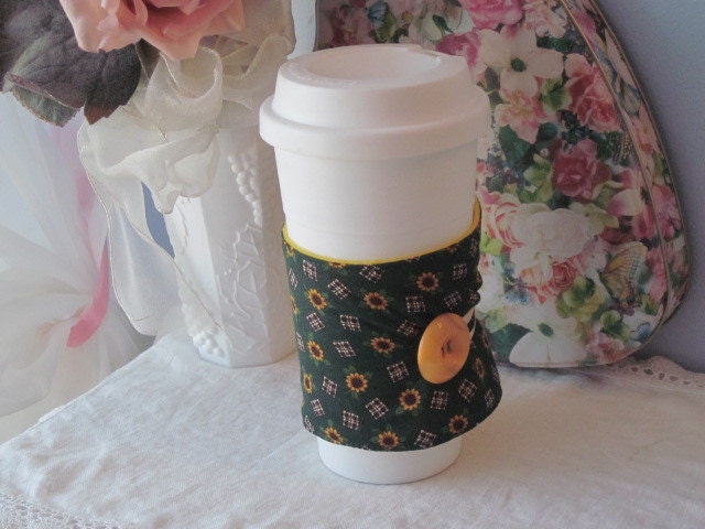 COZY  Cup CUFF  Dark Green and Yellow SUNFLOWER