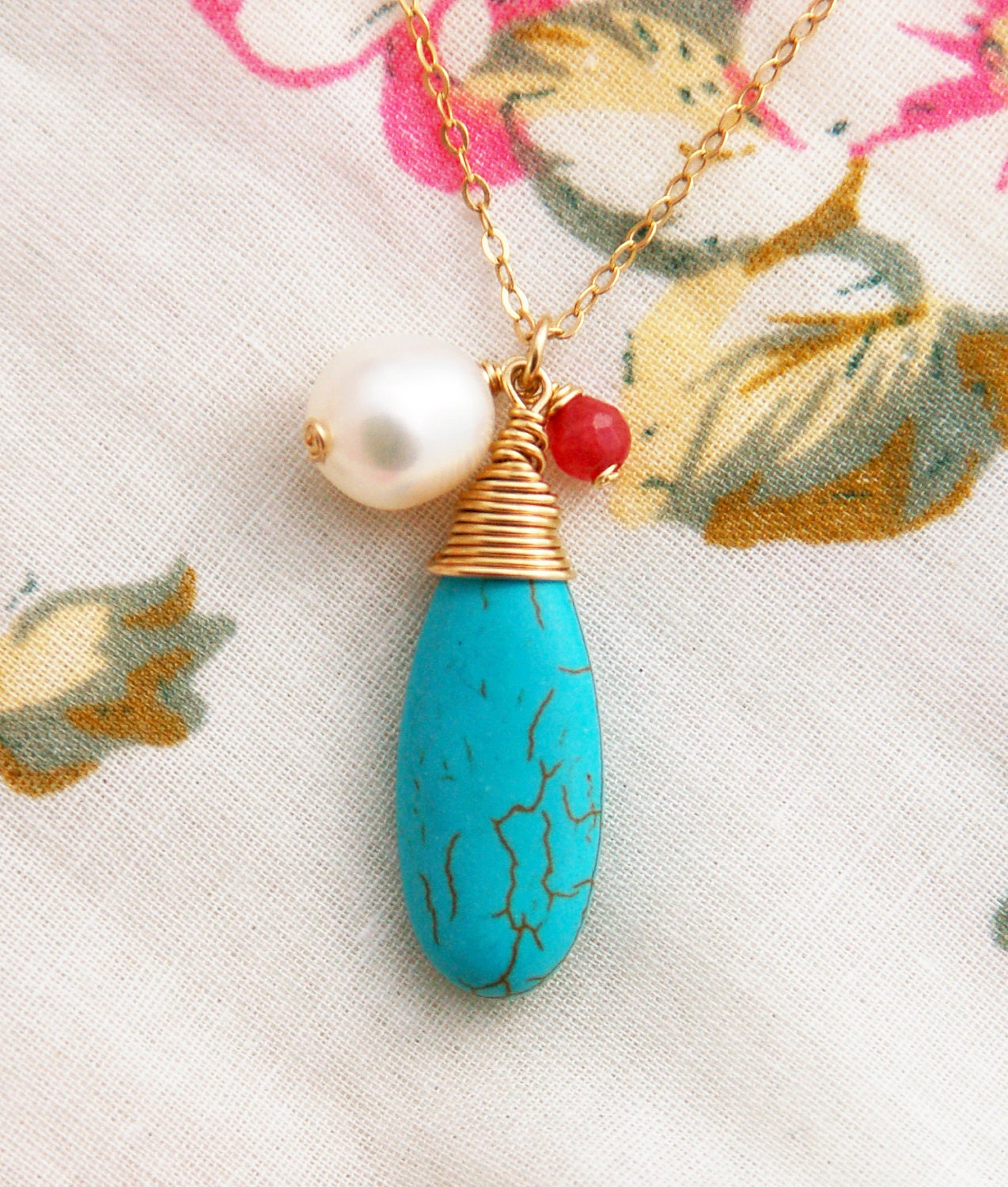 Statement necklace, Turquoise necklace, LONG gold necklace, pearl necklace, wire wrapped turquoise, ruby necklace, stone necklace