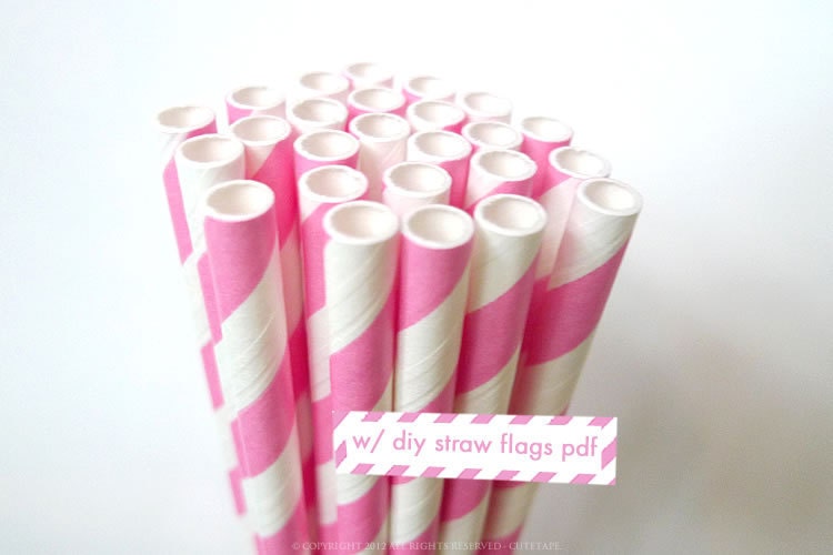 25 Princess PINK Paper Straws Pink and White Striped Straws - Pink Straws w/ DIY Straw Flag PDF Printable Paper Straws Party