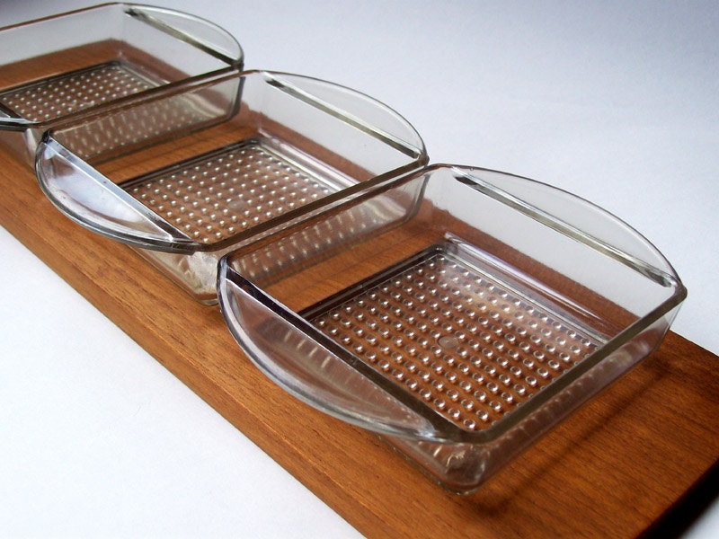 Vintage Liithje Wood Teak Tray Plastic Condiment Dishes Denmark Mid Century