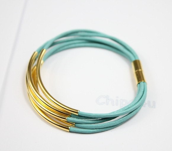 Turquoise leather bracelet, gold tubes and gold magnetic clasp