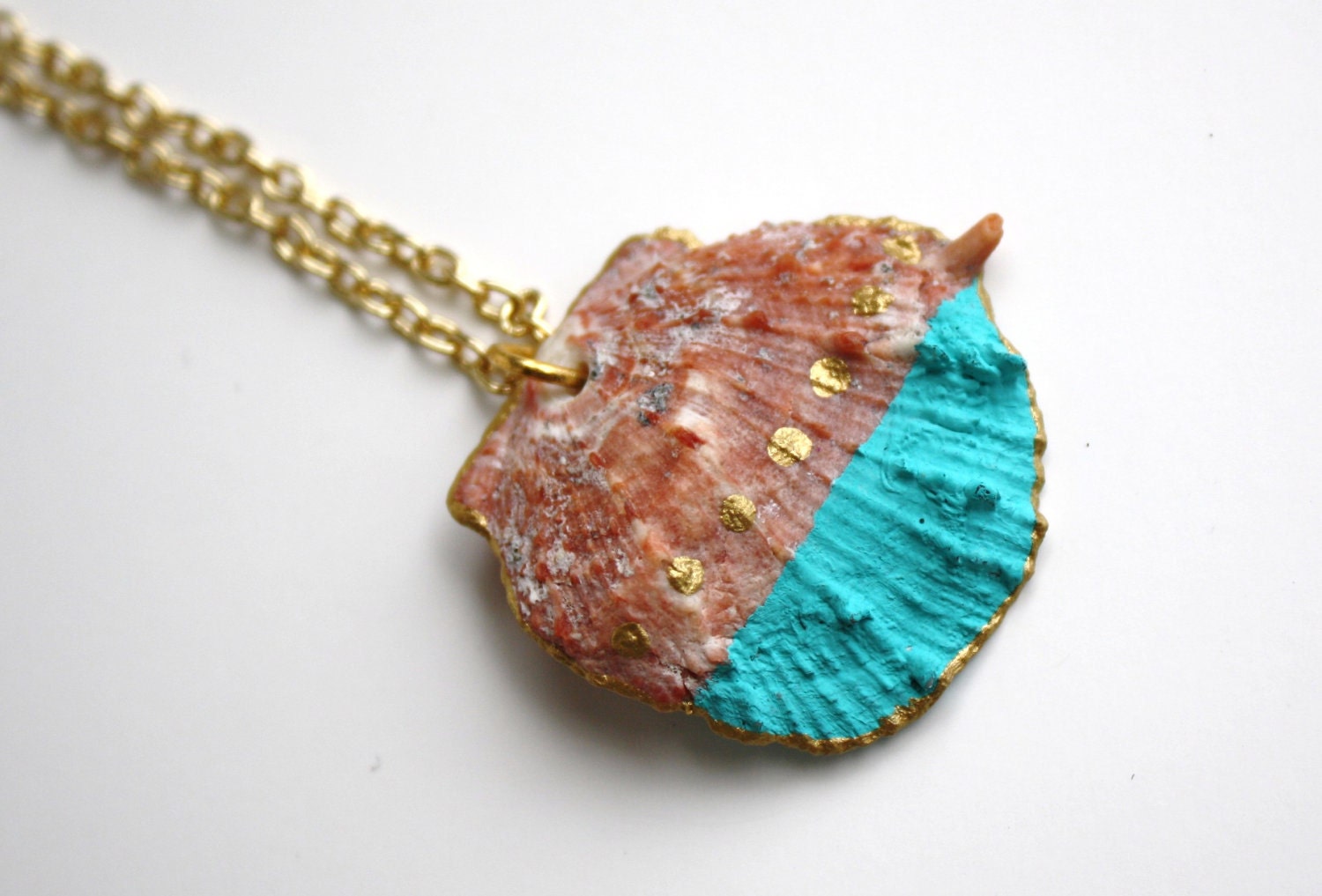 Sea Shell Necklace Pendant - Turquoise and Gold Dip Dye Polka Dots