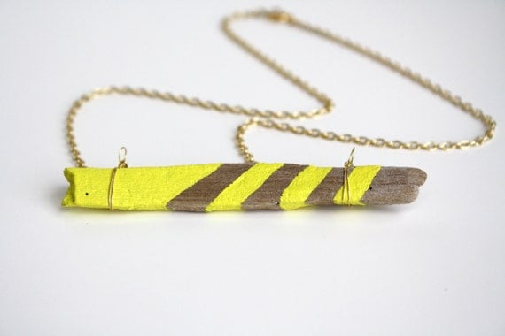 Driftwood Necklace Bar Necklace Lemon Yellow Color Block Striped