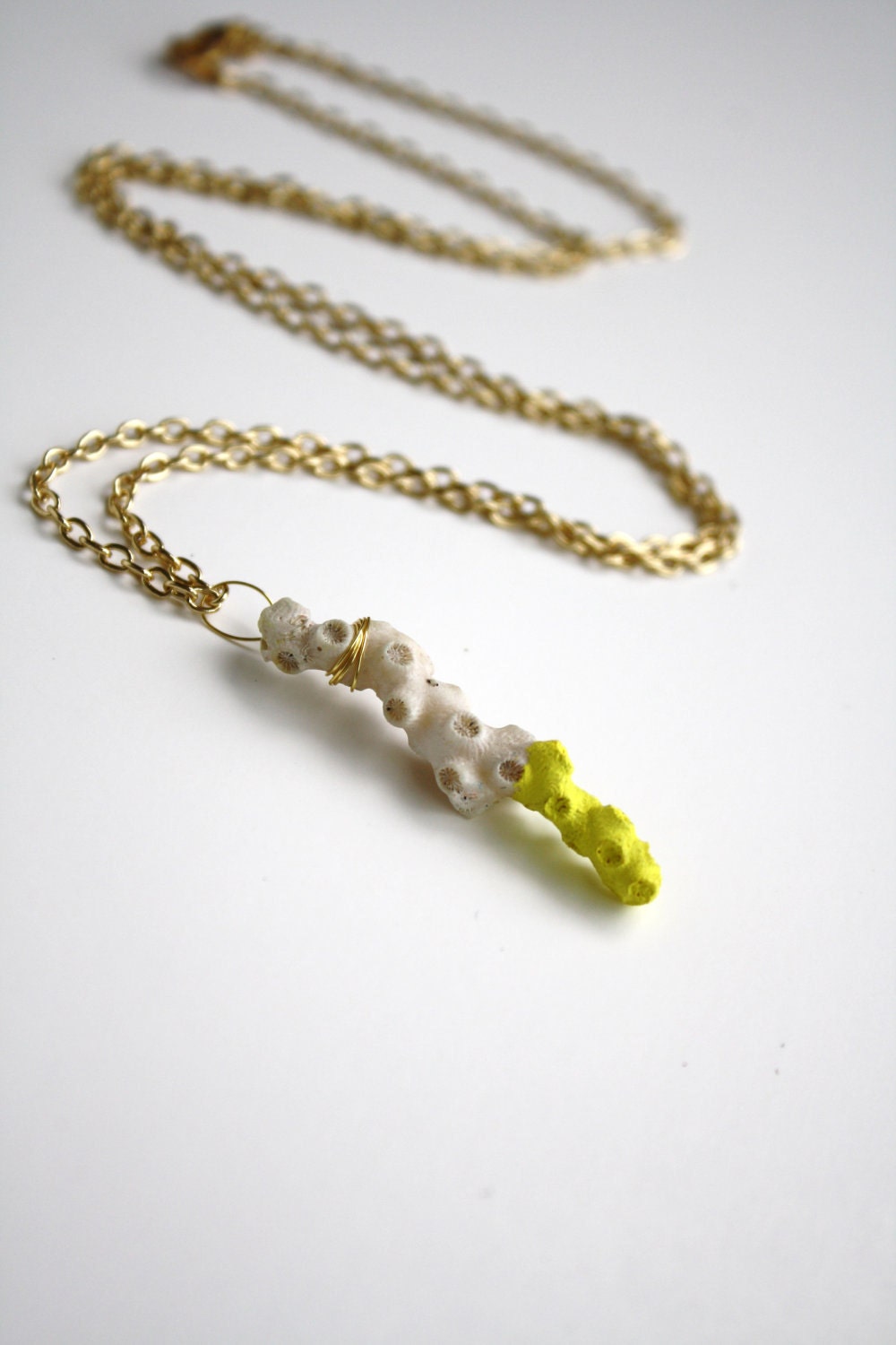 Coral Necklace in Lemon Yellow and White Dipped Color Block Pendant