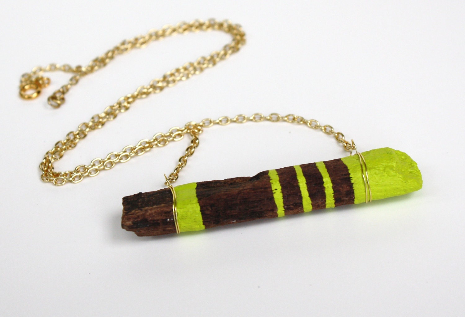 Driftwood Necklace Bar Necklace in Neon Green and Chocolate Brown Color Block Stripes