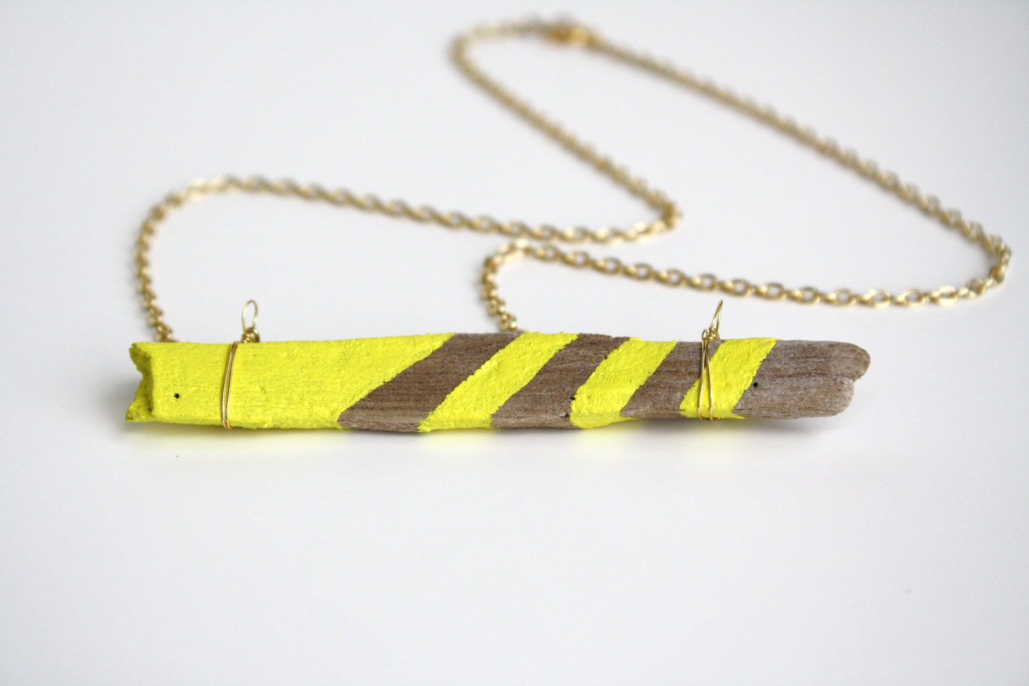 Driftwood Necklace Bar Necklace Lemon Yellow Color Block Striped