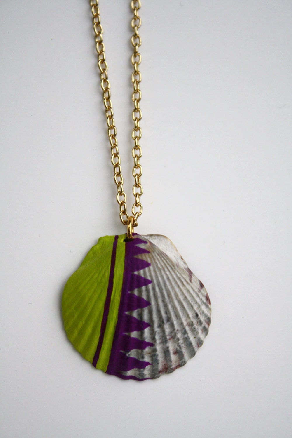 Sea Shell Necklace Pendant - Purple and Green Color Block Tribal Dipped