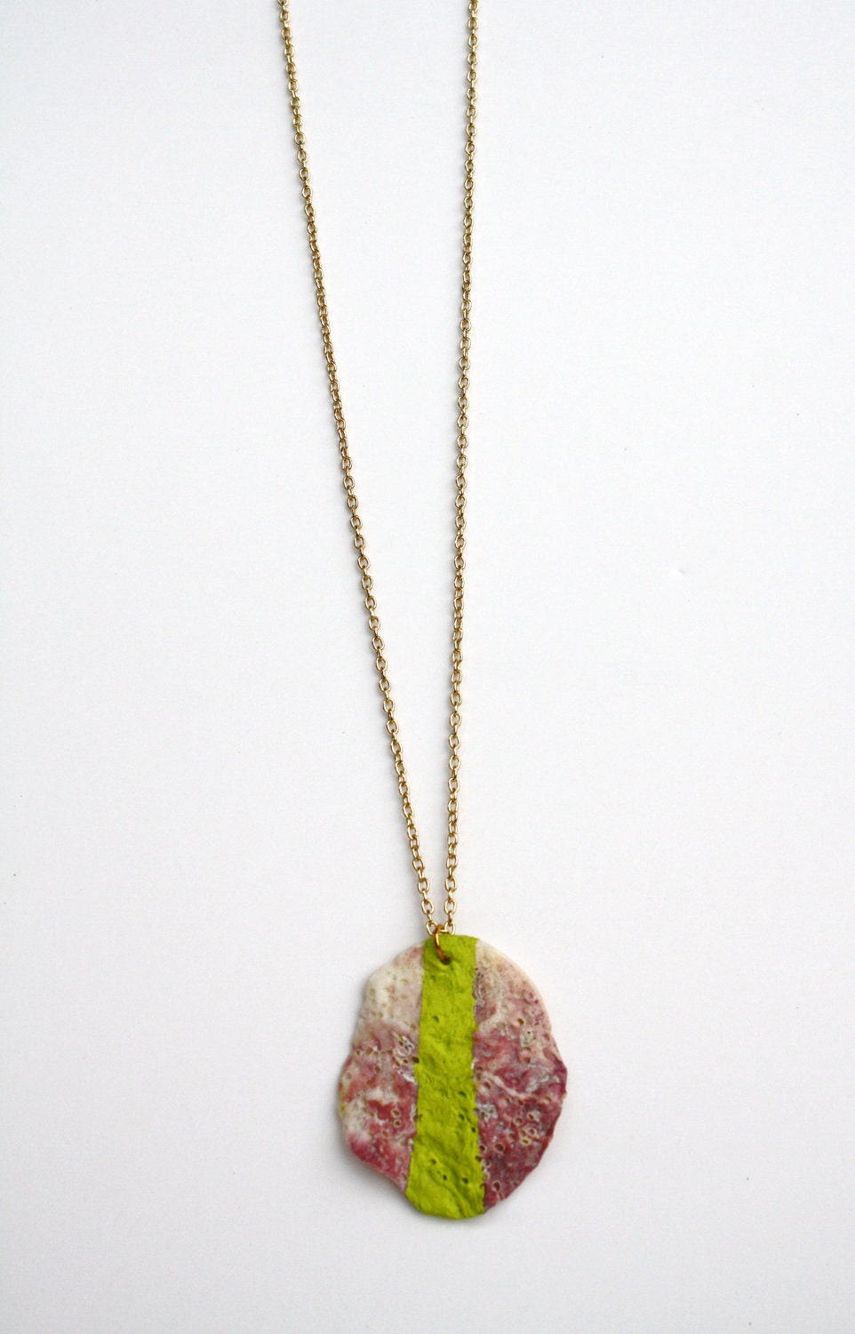 Sea Shell Necklace Pendant - Neon Lime Acid Green Striped