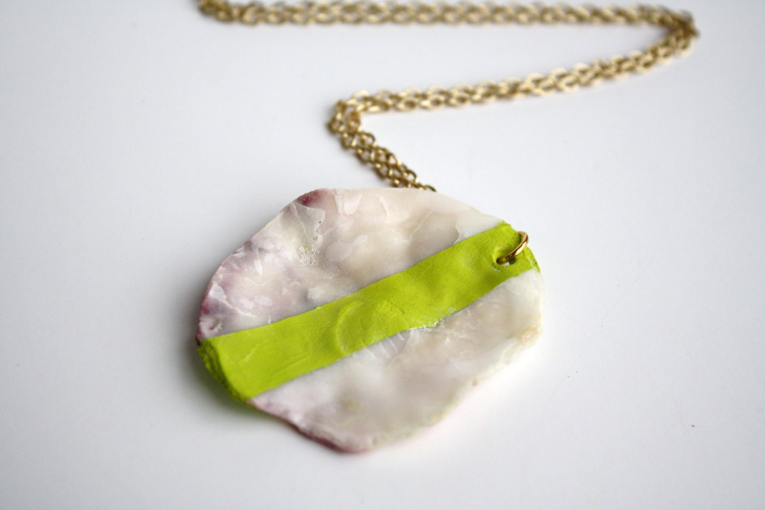 Sea Shell Necklace Pendant - Neon Lime Acid Green Striped
