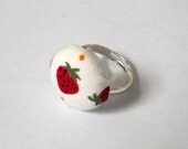 Strawberry Button Ring Adjustable Red and White Fabric Covered Summer Fashion Ring