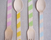 20 Pastel Stripes Wooden Spoons or Forks  Party Cutlery