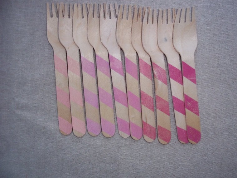 20 Pink Ombre Stripes Wooden Spoons or Forks  Party Cutlery