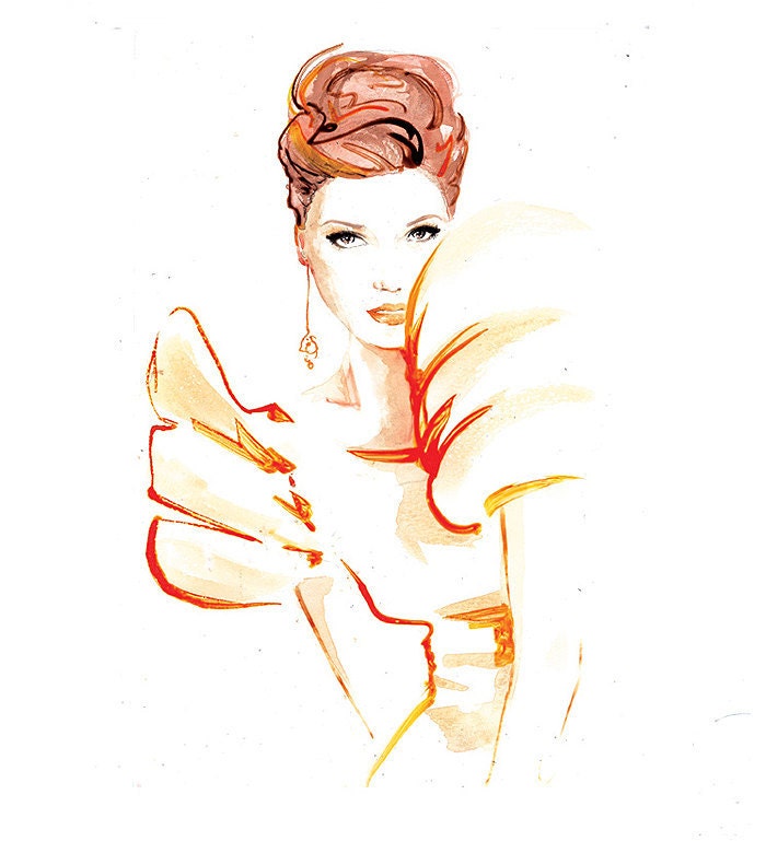 Peach Watercolor Fashion Lady Art High Glamour A4