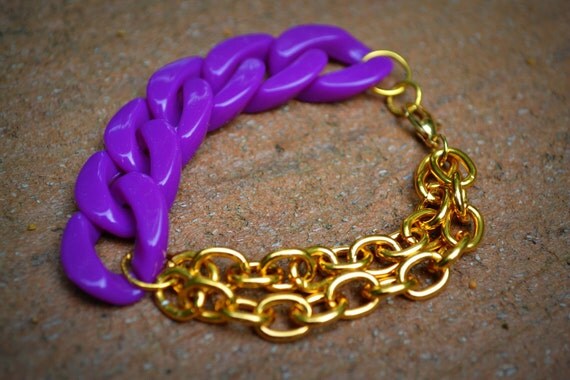 SALE - 20% OFF - Double Stranded Bracelet in Hot Purple: Acrylic and Gold Chain Link