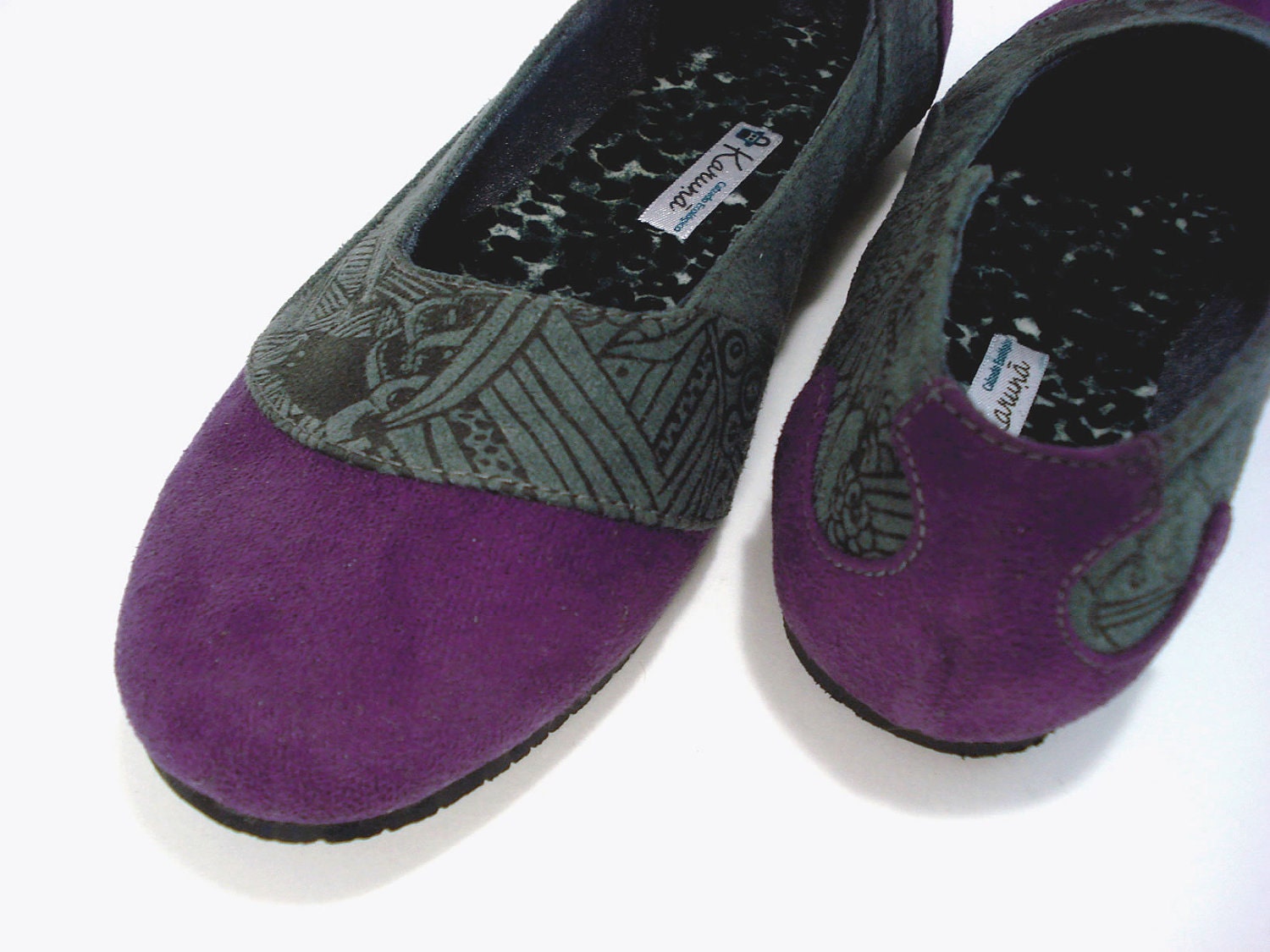 Handmade Eco-vegan Ballet Flats - Purple and Grey - Hand Screen Printed Illustration - Recycled Tire Soles