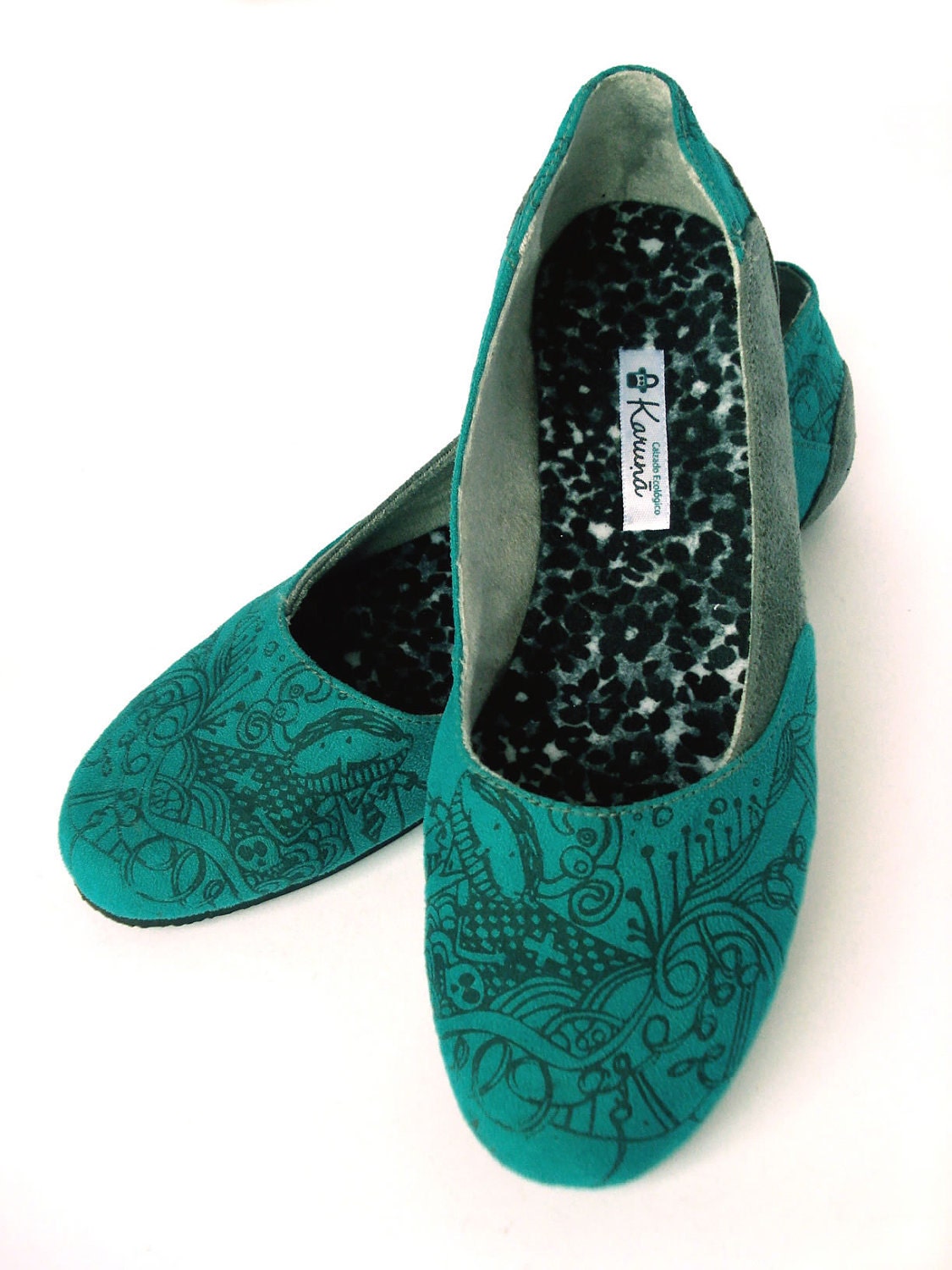 6,5 / 37 Handmade Eco-vegan Ballet Flats - Aqua Green Ocean Blue -EU 37 / USA 6,5 -Hand Screen Printed Illustration - Recycled Tire Soles