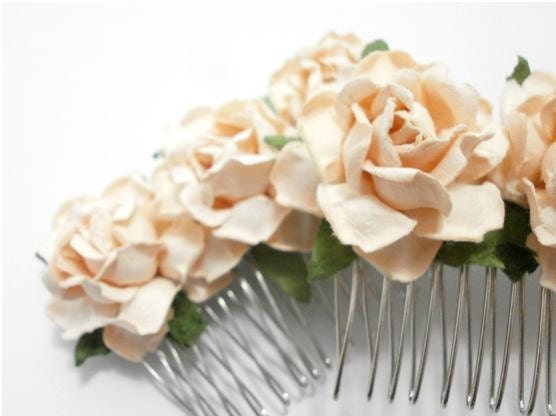 Peach Rose Bridal Hair Comb Set of Two Handmade Flower Accessory - SpearmintAndThyme