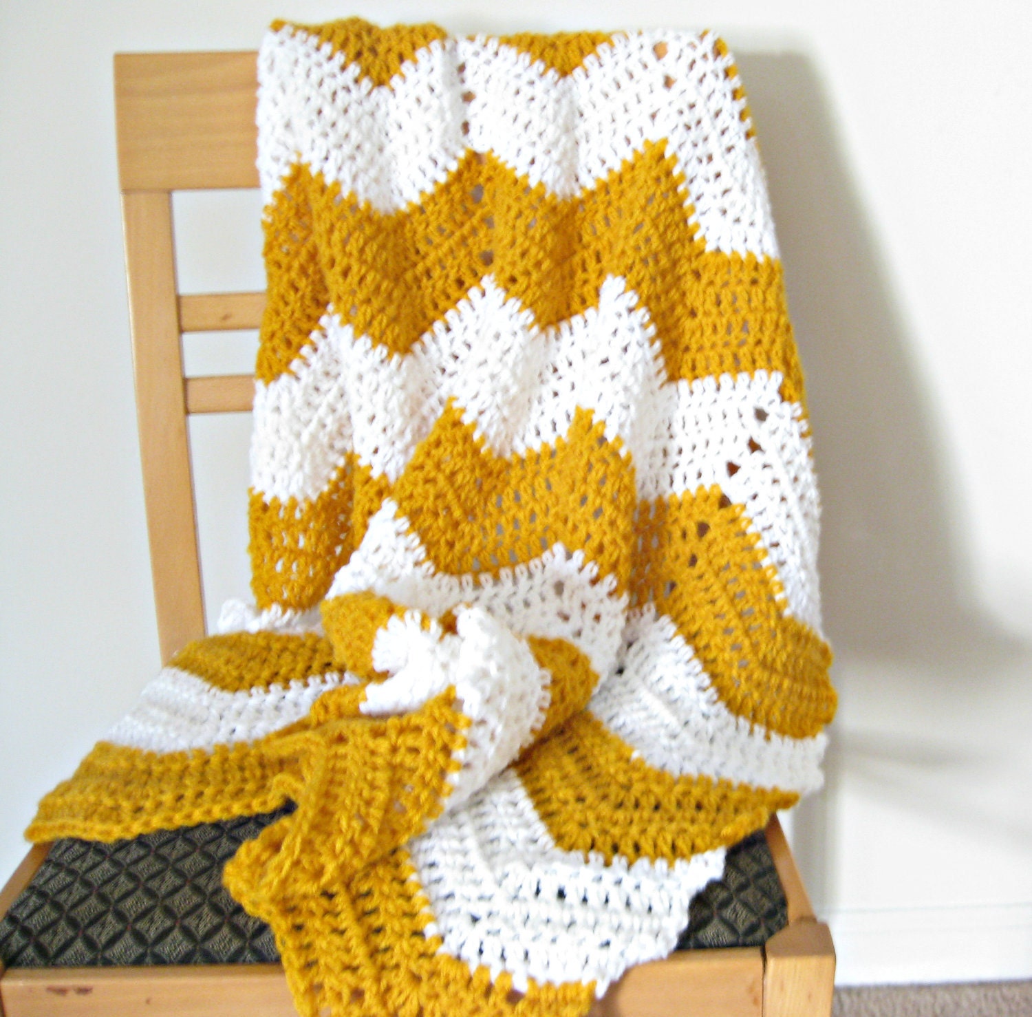 Chevron Throw Blanket--Mustard Yellow and White Zig Zag Afghan MADE TO ORDER