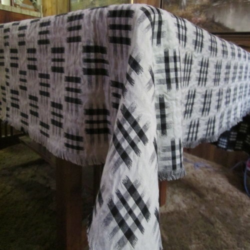 Tablecloth, Hand Fringed, Reversible, Black and White, 52x67"