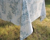 Teal and White 53x53 Toile Printed Handmade Tablecloth