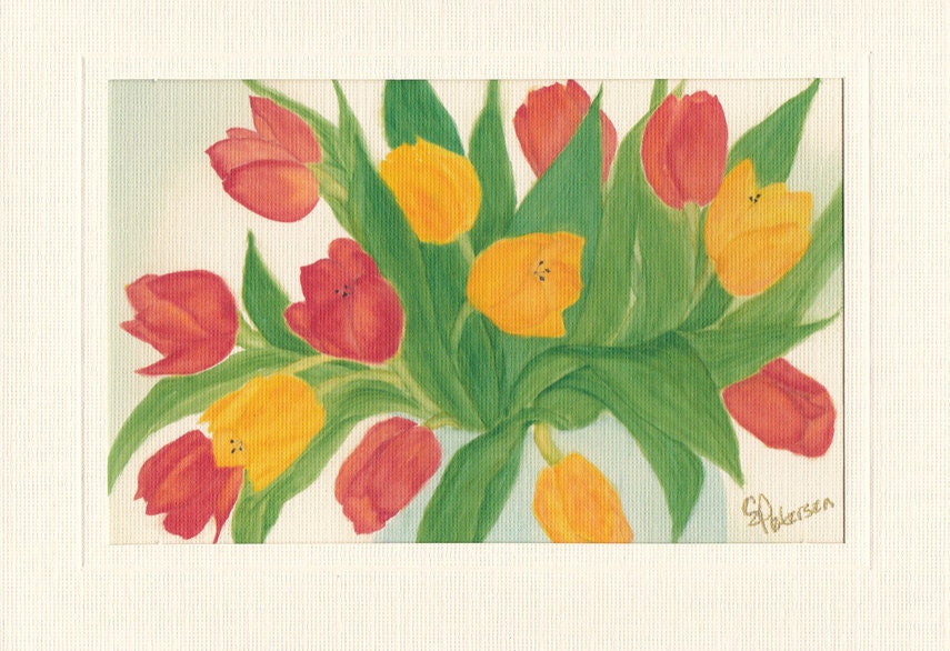Watercolor Print  Note Card - TULIP BOUQUET - Blank Inside / White Envelope