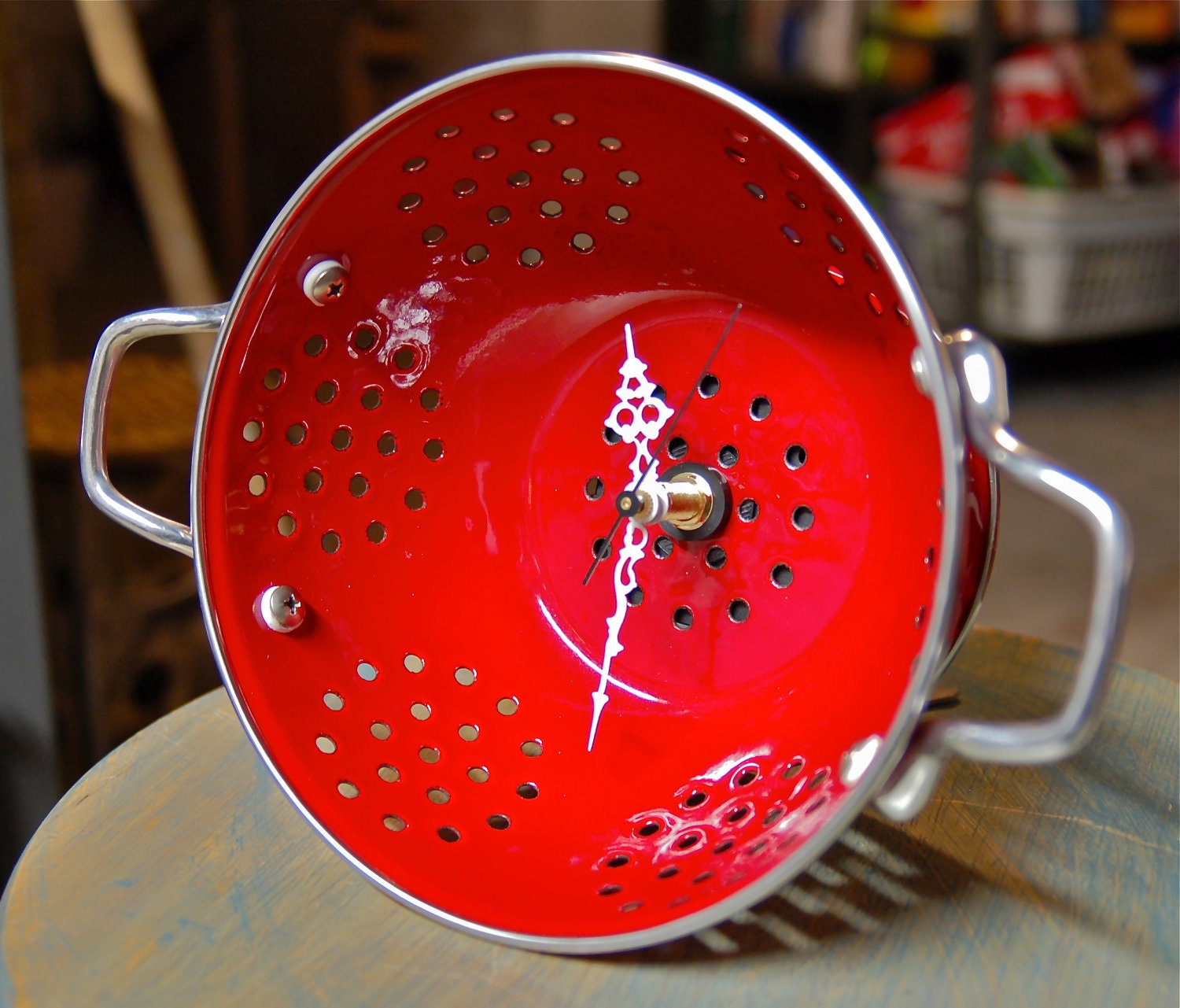 Red Colander Clock, Repurposed Vintage Style Porcelain Enamel Kitchenware - Mothers Day Special