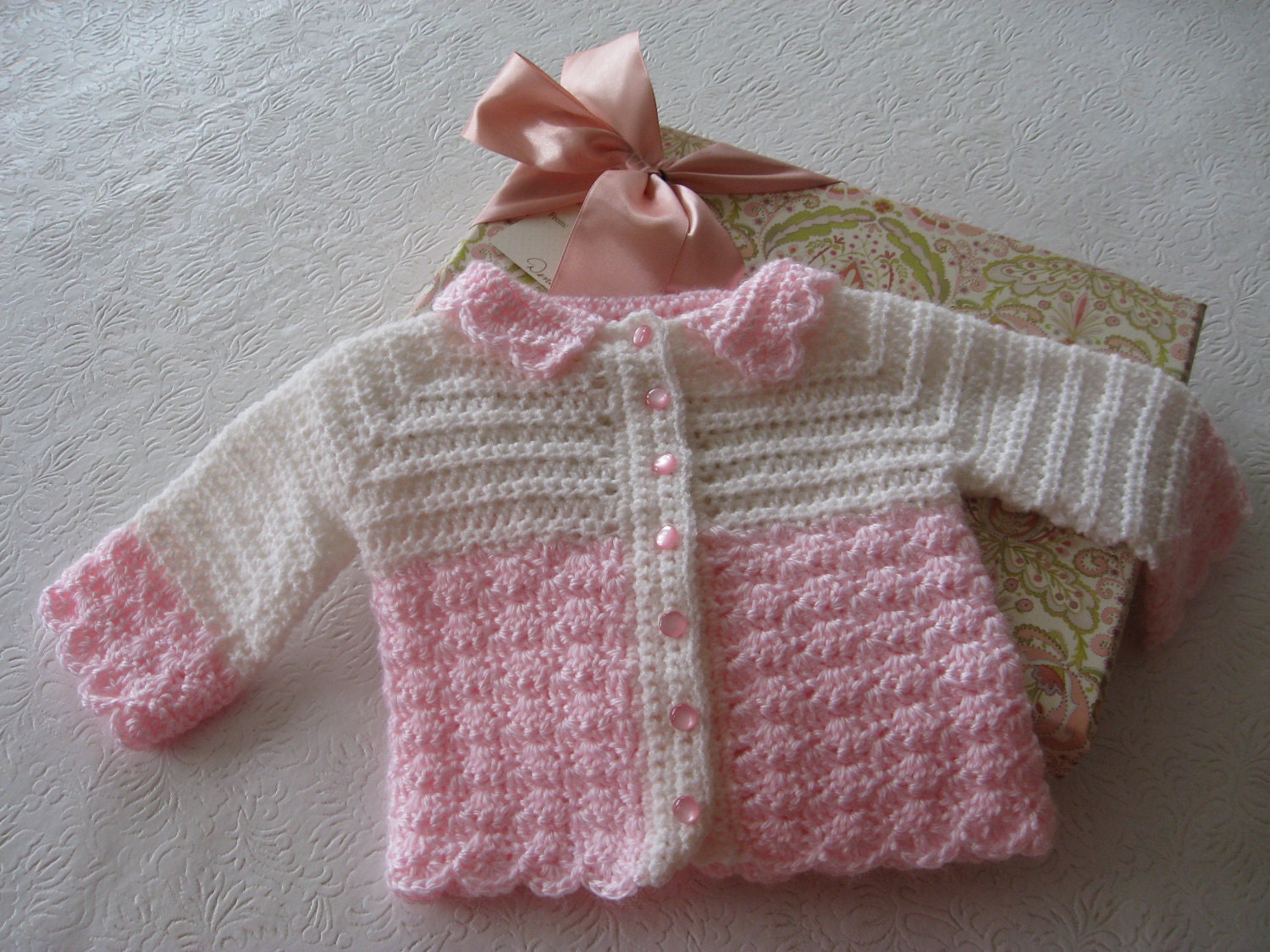 Crochet Pattern for Baby Sweater Pink and White, PDF 12-034 INSTANT DOWNLOAD
