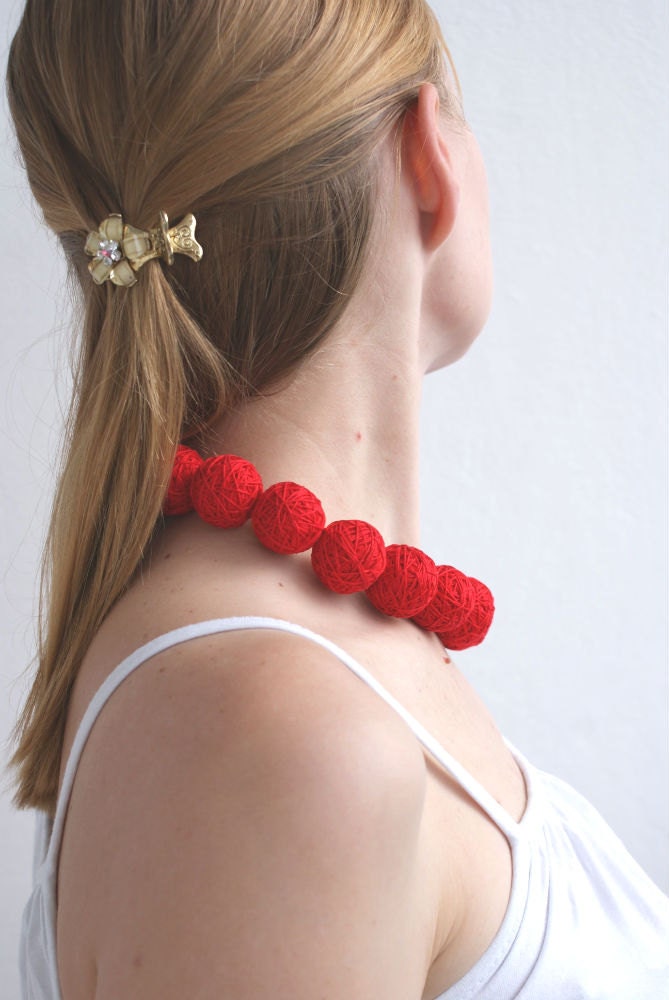 Red balls handmade beaded set - necklace and ring thread cotton for women fiber natural christmas