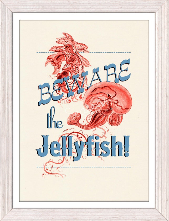 Wall decor poster Beware the jellyfish Poster - sea life print -Marine  sea life illustration A4 print- vintage natural history