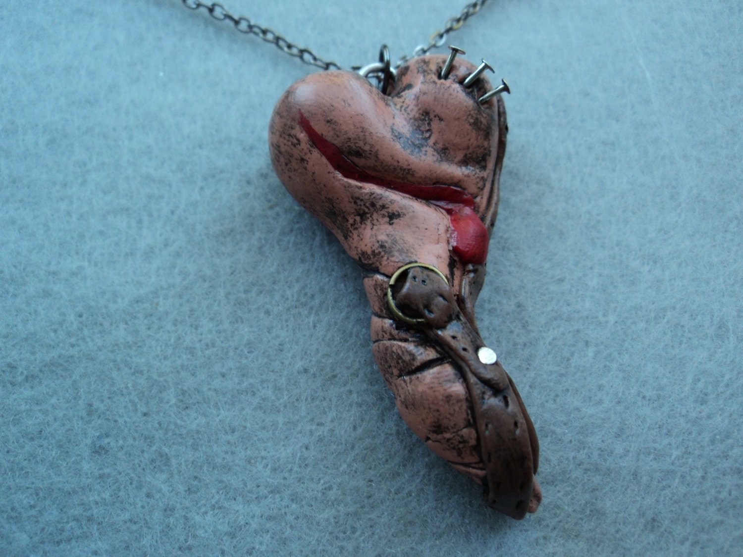 SALE: 50% OFF SteamPunk Bleeding Heart Polymer Clay Goth Pendant with Delicate 18" Sm Cable Black Chain