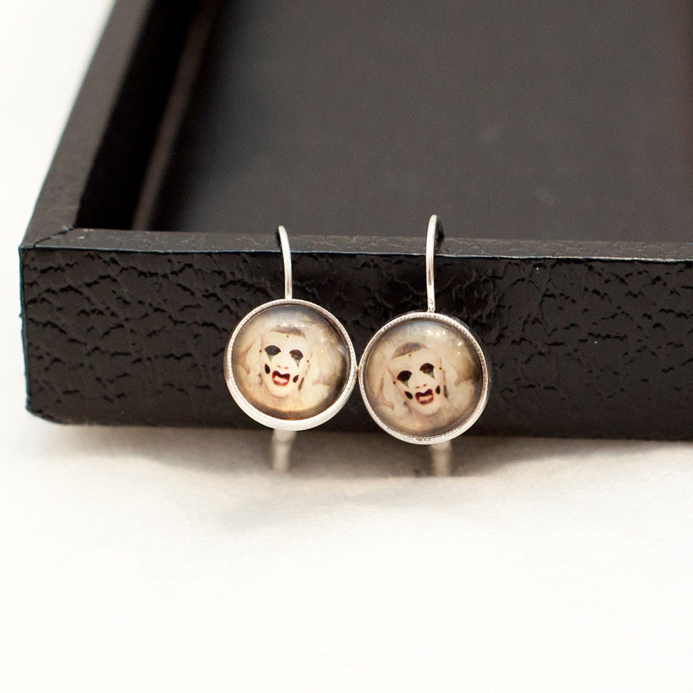 Dangle Earrings, Dark Art Photo Jewelry, Scary Clown, 12 mm round
