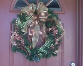 Green ,Gold & Copper Ribbon Christmas Wreath Glitter covered leaves