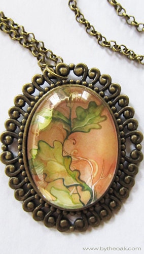 SALE Fantasy Art Pendant Oak Leaves Orange Nature Necklace