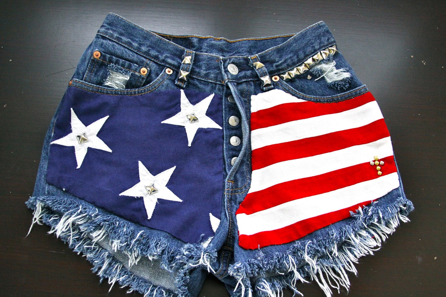 Levis 501 button fly High waist destroyed denim shorts super frayed with American flag and studs size Small