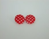Red with white hearts fabric covered button earrings polka dot style retro
