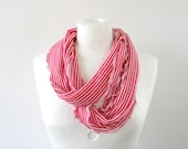 Skinny stripy infinity scarf in nautical red and white - long loop scarf tube circular - textile necklace