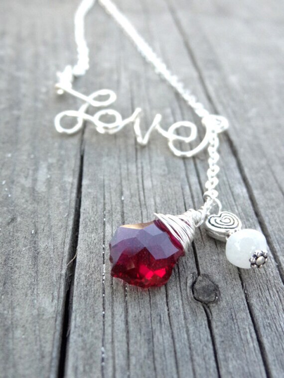 Silver LOVE Wire Wrapped Crystal Pendant Moonstone Heart Bead adjustable chain Necklace Wire Writing