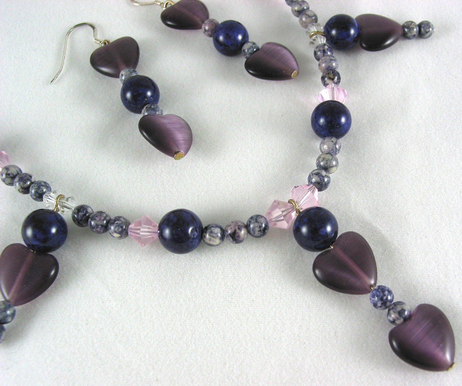 Purple Amethyst Heart  and Pink Swarovski Crystal Necklace and Earrings