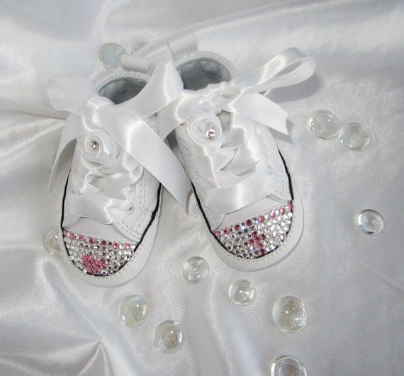 HEART & CROSS COMBO Baby Girl Converse White Leather Christening Wedding Baptismal Swarovski Infant Crib Shoe Size 1, 2 , 3 , 4