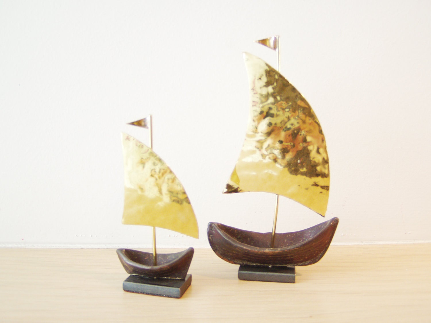 Brass sailboats  oxidised base golden hammered sails