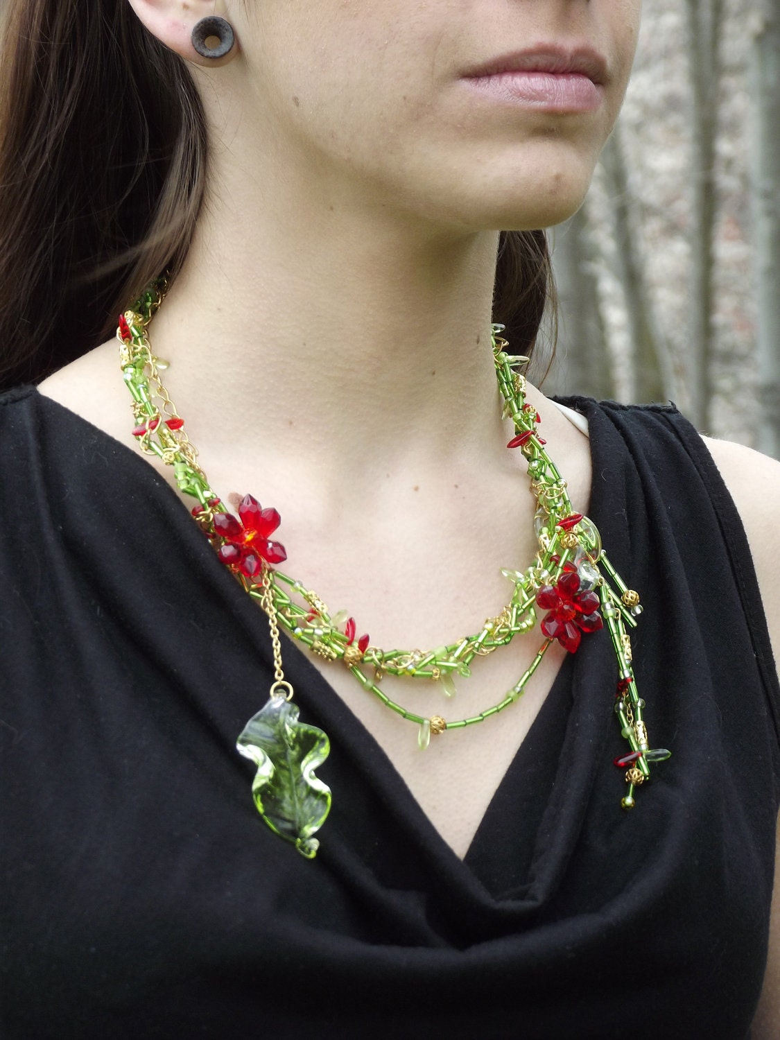 Stunning Handmade Red Flowering Vine Necklace & Earrings Set