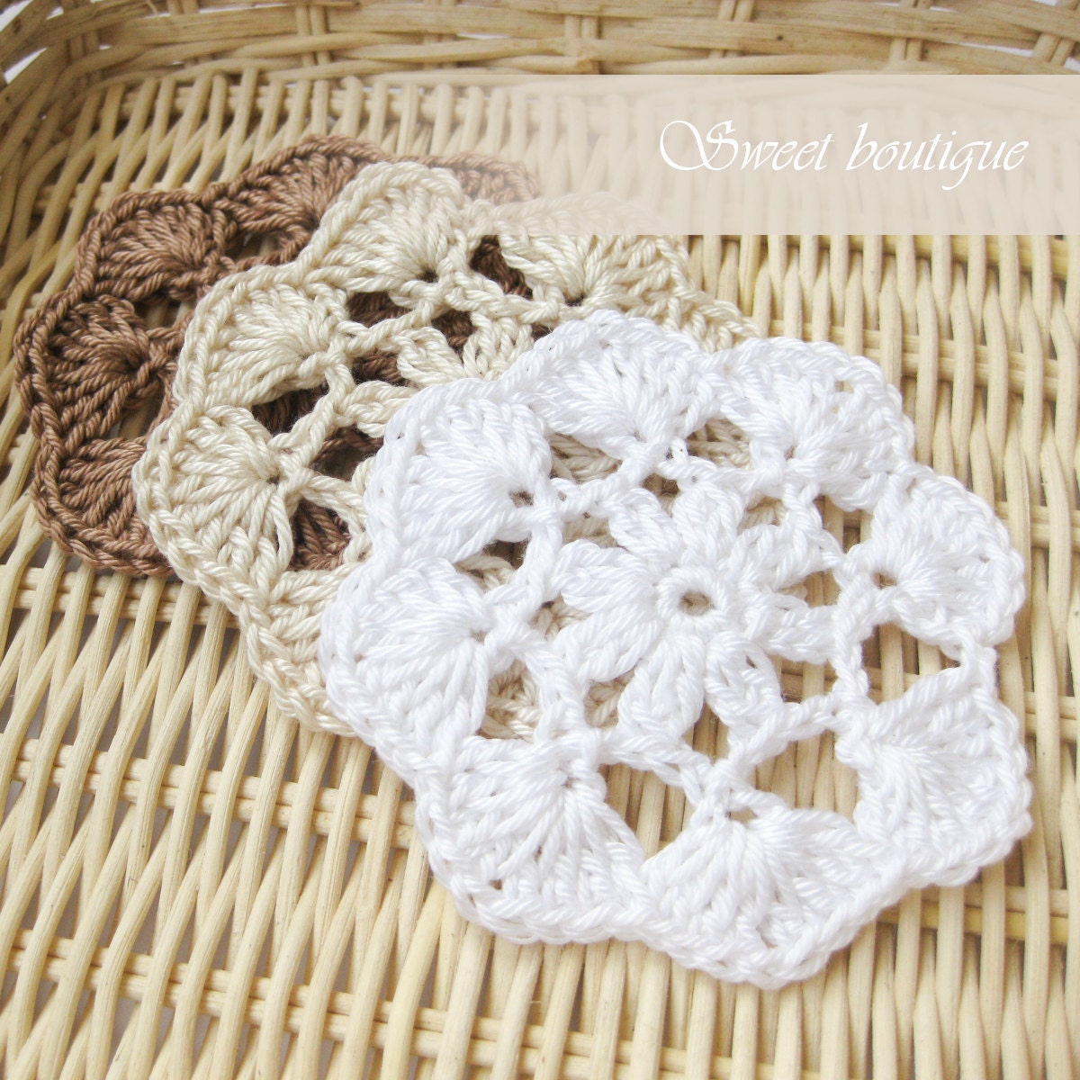 Rustic woodland Crochet flower appliques Wedding Decoration Embellishment Scrapbooking natural color set of 6 - brown beige white - MSweetboutique
