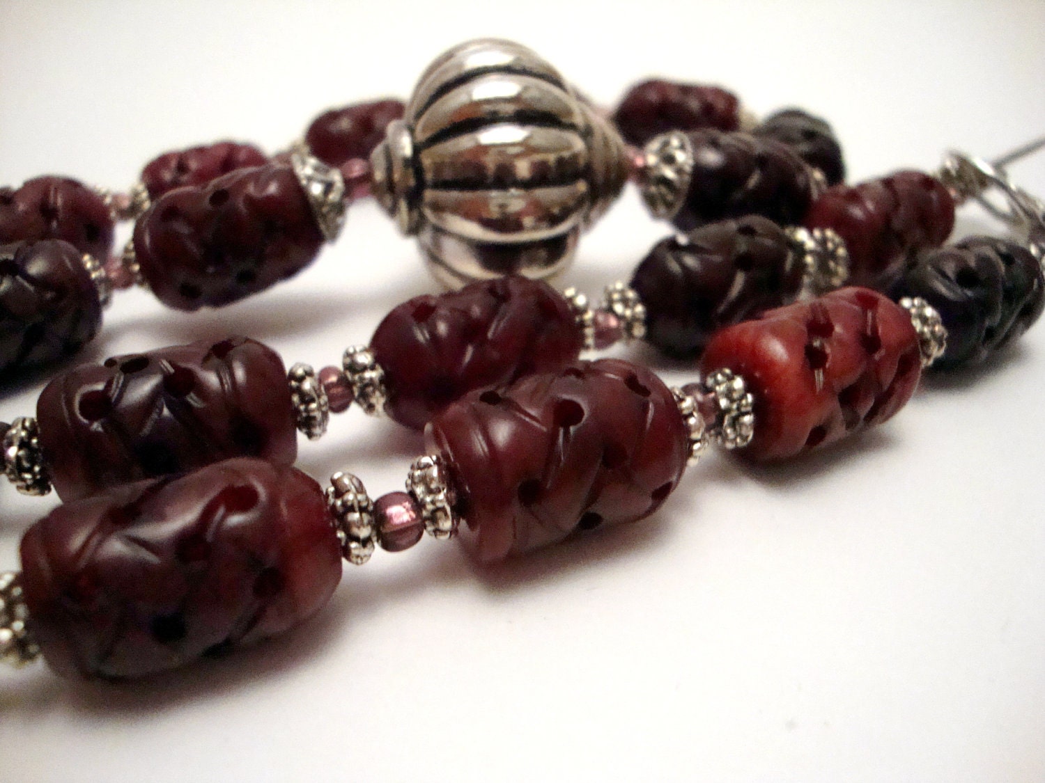 Red Statement Necklace, Maroon Carved Barrel Beads, Carved Silver Beads