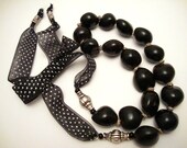 Lumbang Seed Beaded Necklace, Hawaiian Necklace, Kukui Nut Necklace, Polka Dot Ribbon Necklace