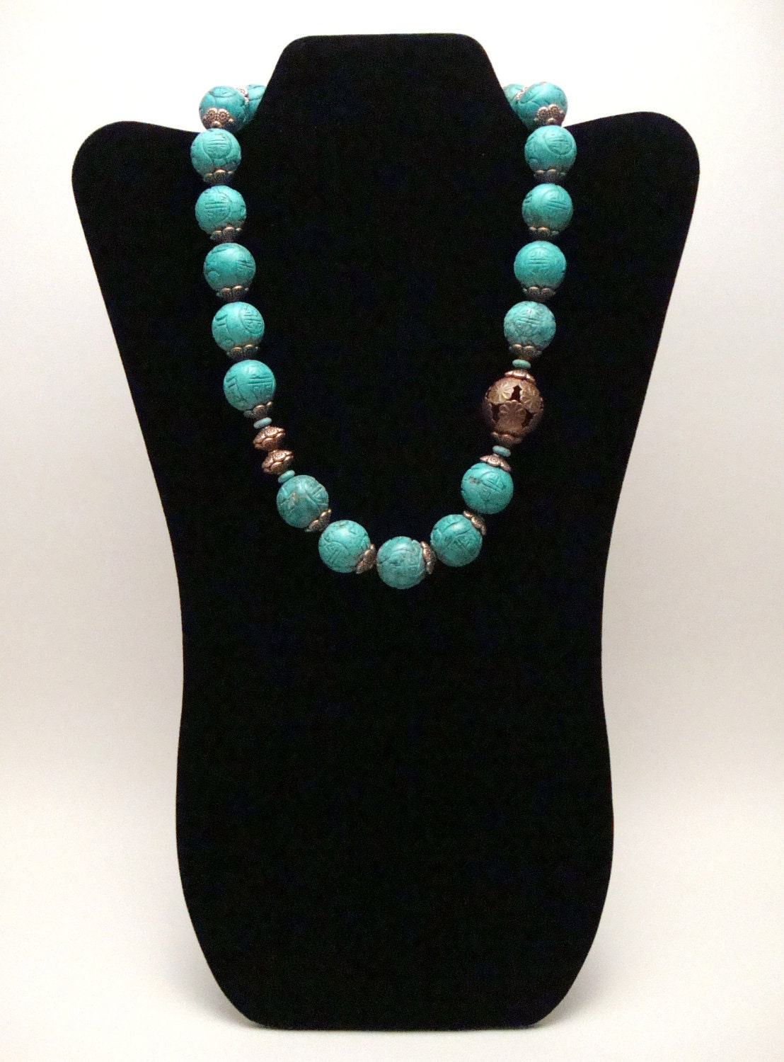 Chunky Turquoise Necklace, Gemstone Statement Necklace, Carved Copper Beads