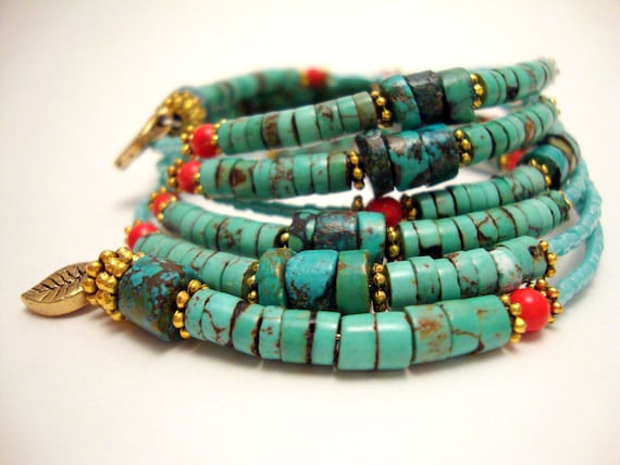 Turquoise and Coral Beaded Bracelet, Memory Wire Bracelet, Gemstone Wrap Bracelet